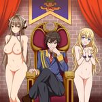  2girls absurdres aiguillette amagi_brilliant_park bdsm bondage bound breasts chain choker clothed_male_nude_female collar collarbone crossed_legs cuffs curtains dog_collar flat_chest grin hamihe head_tilt highres huge_breasts indoors kanie_seiya latifa_fleuranza leash multiple_girls navel nipples nude pussy sento_isuzu sitting smile teeth throne uncensored 