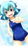  blue_eyes blue_hair blush cirno fumi_(fumifumi-graffiti) hair_ribbon highres one-piece_swimsuit open_mouth pointing ribbon school_swimsuit shiny shiny_clothes skindentation solo swimsuit touhou wings 
