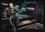  2009 arm_cannon armor ass blonde_hair blue_eyes charging dated from_behind glowing kevin_herault long_hair metroid no_headwear no_helmet samus_aran solo watermark weapon web_address 