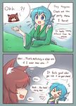  &gt;_&lt; 2girls 2koma :d :o animal_ear_fluff animal_ears blue_eyes blue_hair blush brown_hair closed_eyes comic commentary english english_commentary fang happy head_fins highres holding imaizumi_kagerou japanese_clothes kimono long_hair mermaid monster_girl motion_lines multiple_girls no_pupils open_mouth shaded_face short_hair sideways_mouth smile solid_oval_eyes sparkle speech_bubble sweatdrop thought_bubble touhou turn_pale v-shaped_eyebrows wakasagihime wolf_ears wool_(miwol) xd 