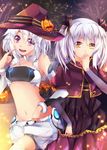  alpha_(acerailgun) android artist_name borrowed_character capelet cecilia_(acerailgun) covering_mouth cowboy_shot detached_sleeves hair_ribbon halloween hat heterochromia highres jack-o'-lantern long_sleeves midriff multiple_girls navel original pink_eyes ribbon squchan tree twintails white_hair witch witch_hat yellow_eyes 