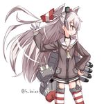  amatsukaze_(kantai_collection) beize_(garbage) choker dress garter_belt gloves grey_neckwear hair_ornament hair_tubes hand_on_hip hat kantai_collection lifebuoy long_hair long_sleeves mini_hat neckerchief rensouhou-kun sailor_collar sailor_dress silver_hair single_glove striped striped_legwear thighhighs twitter_username two_side_up yellow_eyes zettai_ryouiki 