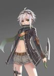  absurdres ahoge belt dual_wielding eiyuu_densetsu fie_claussell goggles goggles_on_head green_eyes gunblade highres holding jacket navel sen_no_kiseki sen_no_kiseki_2 short_hair shorts solo thigh_strap warmhouse weapon white_hair 