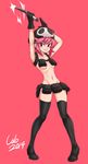  bad_id bad_tumblr_id beanie belt_pouch black_gloves boots breasts colo_(nagrolaz) full_body gloves hat highres holster jakuzure_nonon kill_la_kill knife no_panties nudist_beach_uniform pink_eyes pink_hair pouch red_background shoulder_holster skull_print small_breasts solo thigh_boots thighhighs underboob 