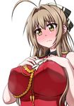  aiguillette amagi_brilliant_park antenna_hair blush bow breast_suppress breasts brown_eyes covered_nipples frown hair_bow hanya_(hanya_yashiki) highres large_breasts long_hair sento_isuzu simple_background solo sweat white_background 
