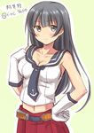  agano_(kantai_collection) bare_shoulders black_hair blush breasts character_name cleavage elbow_gloves gloves grey_eyes hand_on_hip ichikawa_feesu kantai_collection long_hair medium_breasts navel smile solo white_gloves 