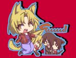  &gt;_&lt; 2boys animal_ears bad_id bad_pixiv_id black_hair blonde_hair chibi closed_eyes glasses hair_over_one_eye jacket japanese_clothes kara_no_kyoukai kimono kokutou_mikiya lion_ears multiple_boys open_mouth otoko_no_ko red_jacket ryougi_shiki shirazumi_lio short_hair smile utarou_(totokoronn) 