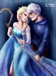  1girl artist_name bare_shoulders blonde_hair blue blue_eyes braid breasts couple crossover dress elsa_(frozen) frozen_(disney) hakuno_shigeru hetero highres hood hoodie jack_frost_(rise_of_the_guardians) long_hair long_sleeves looking_at_another magic power_connection queen rise_of_the_guardians side_slit single_braid smile snowflake_print staff white_hair 