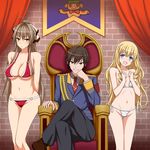  2girls :d absurdres aiguillette amagi_brilliant_park bikini breasts collared_shirt covered_nipples cowboy_shot crossed_legs epaulettes flat_chest formal grin groin hamihe head_rest head_tilt highres indoors kanie_seiya large_breasts latifa_fleuranza long_sleeves looking_at_viewer military military_uniform multiple_girls necktie open_mouth red_neckwear sento_isuzu shirt sitting smile standing swimsuit teeth throne uniform 