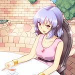  blue_hair bracelet brick_wall chair collarbone commentary cup flower formal highres jewelry necklace open_mouth orinpachu outdoors pavement pearl_necklace pinky_out pointy_ears remilia_scarlet running_bond sitting smile solo table tea teacup touhou 