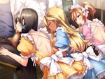  3boys 3girls angelo_(gomahangetsu) back black_hair blonde_hair blue_eyes blush breasts brown_hair censored chair earrings fellatio game_cg green_eyes group_sex highres hirakawa_natsumi_(jk_bitch_sannin_musume!) jewelry jk_bitch_sannin_musume! kneeling large_breasts long_hair looking_down looking_up maid maid_headdress multiple_boys multiple_girls nishizawa_shizuku oral orgy penis sasamori_anna sitting twintails yellow_eyes 