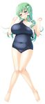  alternate_costume ass_visible_through_thighs bare_legs bare_shoulders barefoot blush breasts collarbone commentary_request covered_navel frog_hair_ornament full_body green_eyes green_hair hair_ornament hair_tubes highres ichio knees_together_feet_apart kochiya_sanae large_breasts long_hair one-piece_swimsuit plump school_swimsuit simple_background sleeveless smile snake_hair_ornament solo strap_slip swimsuit touhou white_background 