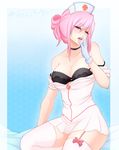  1girl amanda_evelyn_earl black_bra blue_eyes blush bra breasts choker cleavage clothes garter_straps gloves highres medium_breasts my_little_pony nurse nurse_cap nurse_redheart off_shoulder one_eye_closed pink_hair ribbon solo spittfireart thighhighs underwear white_legwear 