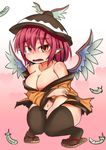  animal_ears bare_shoulders bird_wings black_legwear black_panties blush breasts clothes_down collarbone earrings embarrassed feathers japanese_clothes jewelry kimono kokoperiiche large_breasts looking_at_viewer mystia_lorelei navel open_mouth panties pink_eyes pink_hair plump sandals solo squatting tears thick_thighs thighhighs thighs touhou underwear wardrobe_malfunction wide_hips winged_hat wings 