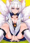  1girl animal_ears azur_lane bangs blue_eyes blunt_bangs breasts cleavage eyeliner eyeshadow fox_ears fox_girl fox_tail hakama_skirt japanese_clothes kaga_(azur_lane) kimono kitsune looking_at_viewer makeup makumaxu medium_breasts multiple_tails short_hair sitting smile solo tail white_hair white_kimono 