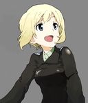  :d blonde_hair blue_eyes bob_cut erica_hartmann grey_background jacket long_sleeves military military_uniform open_mouth shiratama_(hockey) short_hair simple_background smile solo strike_witches uniform world_witches_series 