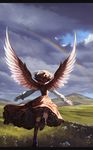  animal_ears bird_wings boots brown_dress cloud cloudy_sky dress field flower from_behind grass hat juliet_sleeves landscape letterboxed long_sleeves mountain mystia_lorelei outstretched_arms pink_hair puffy_sleeves rainbow running shirt sky solo spread_wings touhou wings yamamomo_(plank) 