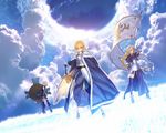  ahoge armor armored_dress artoria_pendragon_(all) bare_shoulders black_legwear blonde_hair blue_cape boots braid breasts cape capelet chain cloud cloudy_sky elbow_gloves excalibur fallstreak_hole fate/apocrypha fate/grand_order fate/stay_night fate_(series) faulds flag fur_trim gloves glowing glowing_sword glowing_weapon grass green_eyes grey_eyes headpiece highres jeanne_d'arc_(fate) jeanne_d'arc_(fate)_(all) long_hair mash_kyrielight medium_breasts multiple_girls official_art pink_hair polearm purple_eyes saber shield short_hair single_braid sky spear sunlight sword takeuchi_takashi thigh_strap thighhighs type-moon weapon 
