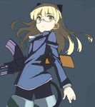  animal_ears ascot black_legwear blonde_hair blue_background bren_lmg cat_ears cat_tail eyebrows from_behind glasses gun jacket long_hair long_sleeves looking_back machine_gun military military_uniform pantyhose perrine_h_clostermann shiratama_(hockey) simple_background solo strike_witches striker_unit tail uniform weapon world_witches_series yellow_eyes 