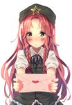  :&lt; blush bou_shaku braid green_eyes hat heart holding hong_meiling incoming_gift letter long_hair looking_at_viewer love_letter neck_ribbon outstretched_arms red_hair ribbon simple_background solo tareme touhou twin_braids upper_body white_background 