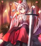  animal_ears autumn_leaves bad_id bad_pixiv_id breasts detached_sleeves forest hat hizagawa_rau inubashiri_momiji large_breasts long_sleeves looking_at_viewer nature red_eyes shirt sideboob silver_hair sitting skirt solo sword tail tokin_hat touhou weapon wide_sleeves wolf_ears wolf_tail 