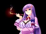  blue_eyes breasts capelet cleavage cookie_(touhou) crescent crescent_hair_ornament darkness dress hair_ornament hair_ribbon holding holding_pipe ketsushi kiseru large_breasts long_hair long_sleeves looking_at_viewer no_hat no_headwear patchouli_knowledge pipe purple_hair ribbon shaded_face smirk smoke smoking solo striped striped_dress taisa_(cookie) touhou tress_ribbon very_long_hair wide_sleeves 
