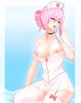  1girl amanda_evelyn_earl areolae bare_shoulders blue_eyes blush breasts clothes gloves highres medium_breasts my_little_pony nipples nurse nurse_redheart pink_hair ribbon solo spittfireart 