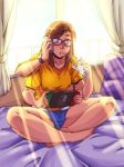  bed blush cellphone collarbone drinking extra_arms feet gammatelier glasses green_eyes multi_limb multitasking nintendo_switch phone tagme watch 