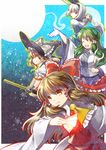  blonde_hair bow broom broom_riding brown_eyes brown_hair detached_sleeves frog_hair_ornament green_eyes green_hair hair_bow hair_ornament hair_tubes hakurei_reimu hat katana kirisame_marisa kochiya_sanae konpaku_youmu konpaku_youmu_(ghost) long_sleeves multiple_girls one_eye_closed open_mouth puffy_short_sleeves puffy_sleeves short_sleeves silver_hair smile snake_hair_ornament socha spell_card sword touhou weapon wide_sleeves witch_hat yellow_eyes 