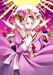  absurdres blonde_hair blood blood_splatter bloody_tears blue_eyes breasts cross doll_joints dress flower hands hat heart highres large_breasts light_rays maribel_hearn multiple_arms purple_dress ribbon short_hair smile solo sooru0720 sun sunlight tears touhou usb 