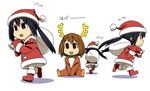  :d animal_costume antlers black_eyes black_hair boots brown_hair from_behind gloves hair_ornament hairclip hat hirasawa_yui iefukurou k-on! multiple_girls nakano_azusa open_mouth pantyhose profile reindeer_costume revision sack santa_costume santa_hat short_hair simple_background sitting smile sweatdrop twintails walking 