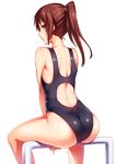  ass back brown_eyes brown_hair competition_swimsuit highres looking_at_viewer looking_back one-piece_swimsuit original ponytail scrunchie sitting solo swimsuit toned tsuki_tokage wet 