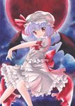  acrylic_paint_(medium) bat_wings blue_hair bow dress frilled_dress frills full_moon hat hat_bow highres looking_at_viewer mob_cap moon night pom77 red_eyes red_moon remilia_scarlet short_hair short_sleeves solo touhou traditional_media white_dress wings 