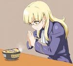  ascot blonde_hair chopsticks eyebrows food glasses hands_together jacket long_hair long_sleeves military military_uniform noodles perrine_h_clostermann ramen shiratama_(hockey) simple_background solo steam strike_witches uniform world_witches_series yellow_eyes 