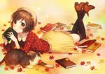  autumn autumn_leaves bad_id bad_pixiv_id blush brown_hair cat hat long_sleeves lying megumu on_stomach original shoes short_hair skirt smile solo thighhighs yellow_eyes 