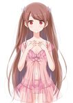  babydoll bad_id bad_pixiv_id bangs brown_hair collarbone cowboy_shot eyebrows_visible_through_hair garter_belt hair_ribbon lingerie long_hair looking_at_viewer original panties pink_babydoll red_eyes ribbon see-through simple_background smile solo syno thighhighs underwear very_long_hair 