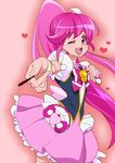  aino_megumi boots cure_lovely earrings food hair_ornament happinesscharge_precure! highres jewelry long_hair magical_girl open_mouth pika_(tako) pink_eyes pink_hair pocky ponytail precure ribbon skirt smile solo thigh_boots thighhighs wrist_cuffs zettai_ryouiki 
