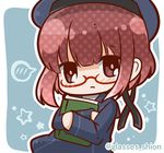  bespectacled bloom2425 blush book book_hug brown_eyes brown_hair chibi dress glasses hat holding holding_book kantai_collection long_sleeves ribbon sailor_dress sailor_hat short_hair solo spoken_blush star starry_background twitter_username z3_max_schultz_(kantai_collection) 