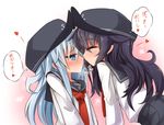  ^_^ akatsuki_(kantai_collection) black_hair blue_eyes blush closed_eyes food hat heart heavy_breathing hibiki_(kantai_collection) kantai_collection long_hair multiple_girls neckerchief pocky pocky_kiss red_neckwear sasamashin school_uniform serafuku shared_food silver_hair skirt translated yuri 