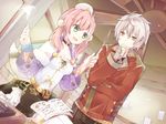  1girl :d atelier_(series) atelier_escha_&amp;_logy bad_id bad_pixiv_id black_skirt book choker dutch_angle escha_malier fingerless_gloves flask gloves green_eyes hat jacket logix_ficsario open_mouth pink_hair short_hair skirt smile sweater sxupxdxxy tail twintails white_hair yellow_eyes 