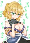  angry blonde_hair blush breasts cleavage crying crying_with_eyes_open embarrassed eyes_visible_through_hair fang fang_out green_eyes highres kokoperiiche large_breasts mizuhashi_parsee paru_paru pointy_ears ponytail robe shirt shirt_lift skirt sleeveless sleeveless_shirt solo tears touhou trembling tsurime undershirt 
