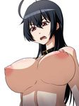  ahoge black_hair breasts chuunibyou_demo_koi_ga_shitai! collar hanya_(hanya_yashiki) highres large_breasts long_hair nipples open_mouth red_eyes shaded_face simple_background solo takanashi_touka white_background 