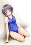  against_wall arm_support bad_id bad_pixiv_id breasts collarbone covered_navel full_body grey_hair kirishima_itsuki medium_breasts nagato_yuki one-piece_swimsuit open_mouth short_hair sitting solo suzumiya_haruhi_no_yuuutsu swimsuit yellow_eyes yokozuwari 