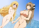  2girls amagi_brilliant_park antenna_hair blonde_hair blue_eyes blush breasts brown_eyes brown_hair cleavage drill_hair female flat_chest hair_intakes hair_ribbon hand_holding highres large_breasts latifa_fleuranza long_hair multiple_girls nakahara_kouhei navel nipples nude nude_filter open_mouth photoshop ponytail pussy ribbon sento_isuzu thighs twin_drills uncensored very_long_hair 