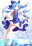  barefoot blue_dress blue_eyes blue_hair bow cirno curtsey dress e.o. feet hair_bow highres ice ice_wings legs looking_at_viewer puffy_short_sleeves puffy_sleeves refraction shirt short_sleeves smile solo touhou wading water wings 