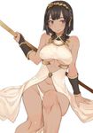  bare_shoulders blush bracer breasts brown_eyes brown_hair collarbone covered_nipples dark_skin downscaled egyptian egyptian_mythology groin hairband highres large_breasts md5_mismatch navel original polearm resized ricci short_hair smile solo underwear uraeus wadjet weapon white_background 
