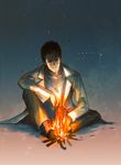  black_hair brown_eyes commentary_request dark_souls embers facial_hair fire highres huke labcoat male_focus official_art okabe_rintarou sitting solo souls_(from_software) steins;gate stubble 