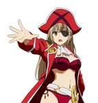  1girl amagi_brilliant_park bikini breasts brown_eyes brown_hair cleavage eyepatch hat highres jacket large_breasts long_hair long_sleeves navel open_clothes open_jacket pirate pirate_hat red_bikini red_jacket sento_isuzu simple_background solo standing swimsuit sword weapon white_background yellow_eyes 