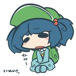  backpack bad_id bad_pixiv_id bag blue_hair chibi hair_bobbles hair_ornament hat inunoko. kawashiro_nitori key open_mouth short_hair simple_background sitting solo touhou two_side_up white_background 