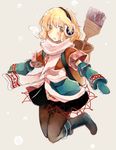  adapted_costume arm_warmers atoki backpack bag black_legwear blonde_hair boots broom earmuffs green_eyes mittens mizuhashi_parsee open_mouth pantyhose sash scarf shirt short_sleeves solo touhou 